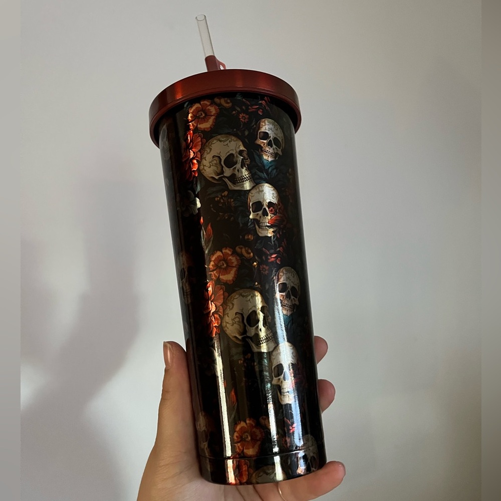 Manna Chilly Tumbler 24oz Stainless Steel Skull Floral Reusable Straw Lid NEW